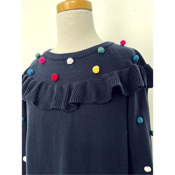 Hanna Andersson Girls 8 (130) Navy Multicolored Pom Pom Cotton Sweater Dress - Picture 6 of 8